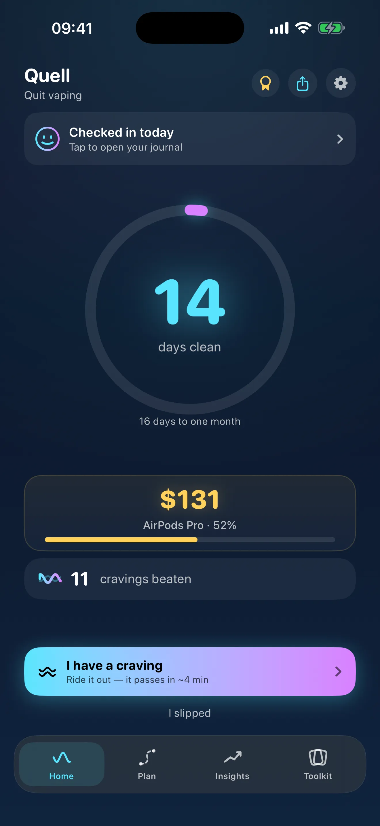 Quell home screen: 14 days clean, $131 saved toward AirPods Pro, 11 cravings beaten, and the 'I have a craving' button